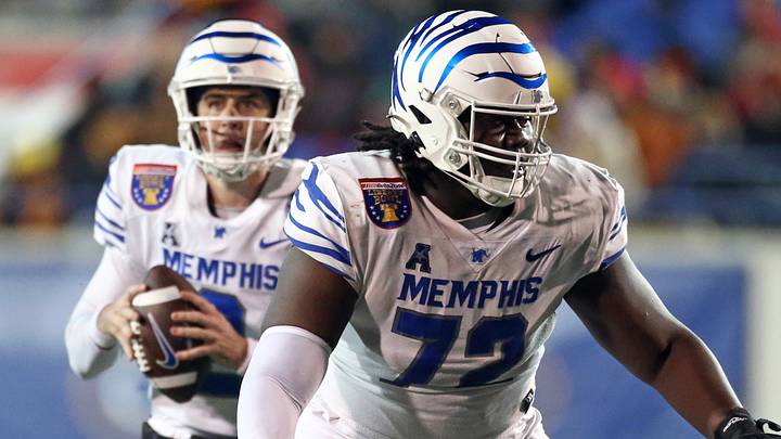 Memphis Tigers offensive linemen Malachi Breland (72) blocks during the second half against the Iowa State Cyclones at Simmons Bank Liberty Stadium. Memphis Tigers offensive linemen Malachi Breland (72) blocks during the second half against the Iowa State Cyclones at Simmons Bank Liberty Stadium.