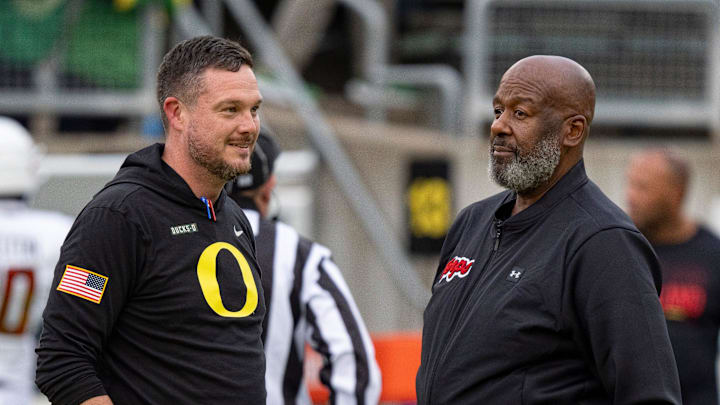 Oregon head coach Dan Lanning and Maryland head coach Mike Locksley before the game as the Oregon Ducks host the Maryland Terrapins at Autzen Stadium Saturday, Nov. 9, 2024 in Eugene, Ore.