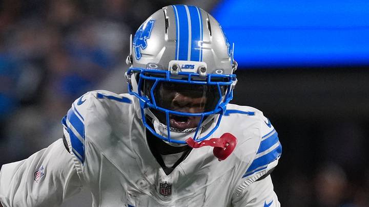Detroit Lions wide receiver Jameson Williams (1) runs for yards after catch against the Carolina Panthers 