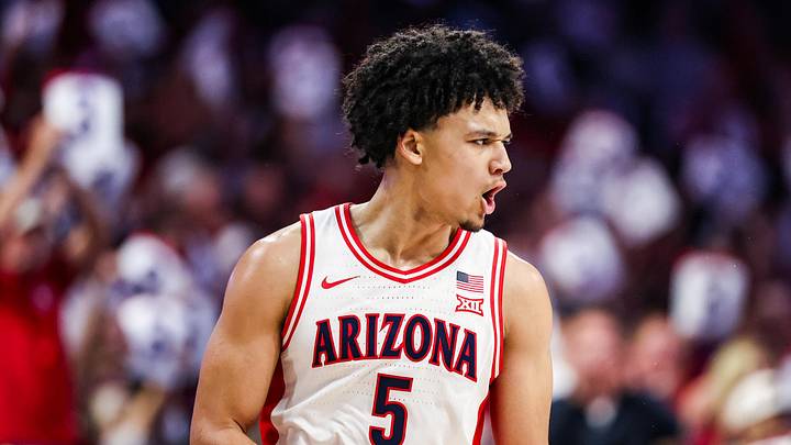 Jan 24, 2026; Tucson, Arizona, USA; Arizona Wildcats guard Brayden Burries (5) celebrates during the first half of the game against the West Virginia Mountaineers at McKale Memorial Center. Mandatory Credit: Aryanna Frank-Imagn Images