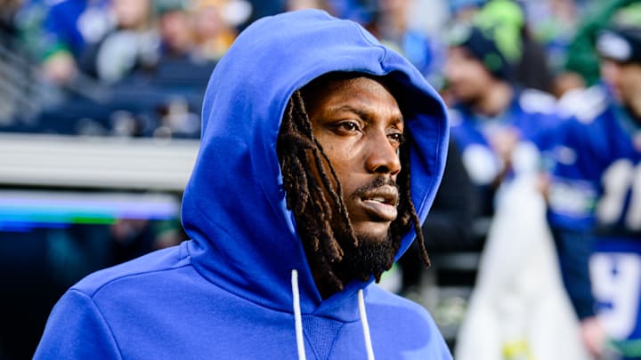 Riq Woolen of the Seattle Seahawks on the sidelines