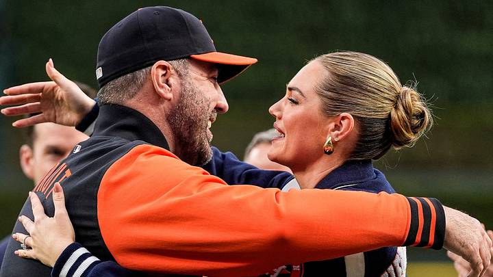 Detroit Tigers pitcher Justin Verlander hugs his wife Kate Upton after speaking during Justin Verlander career celebration. Detroit Tigers pitcher Justin Verlander hugs his wife Kate Upton after speaking during Justin Verlander career celebration.