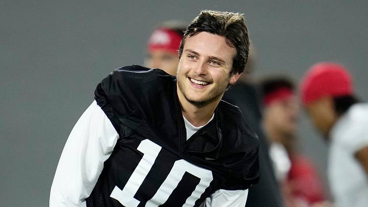 Ohio State Buckeyes quarterback Julian Sayin (10) laughs during the first day of spring workouts for the 2026 football season at Woody Hayes Athletic Complex in Columbus on March 10, 2026. Ohio State Buckeyes quarterback Julian Sayin (10) laughs during the first day of spring workouts for the 2026 football season at Woody Hayes Athletic Complex in Columbus on March 10, 2026.