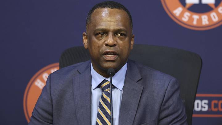 Jan 5, 2026; Houston, TX, USA; Houston Astros general manager Dana Brown speaks at a press conference  to introduce Japanese pitcher Tatsuya Imai at Daikin Park. Mandatory Credit: Troy Taormina-Imagn Images