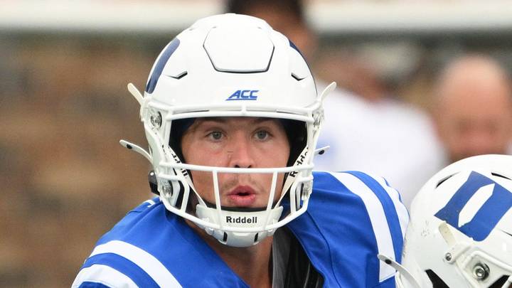 Sep 5, 2026; Durham, North Carolina, USA;  Duke Blue Devils quarter back Walker Eget (2) hands the ball off to Duke Blue Devils running back Nate Sheppard (20) during the second quarter against the Tulane Green Wave at Wallace Wade Stadium.  Mandatory Credit: Zachary Taft-Imagn Images
