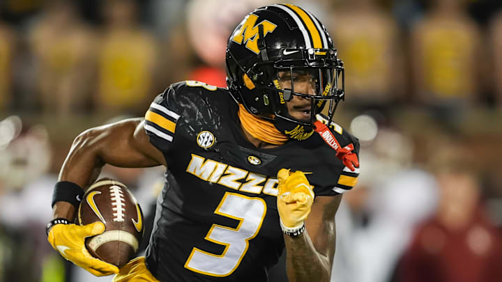 Nov 9, 2024; Columbia, Missouri, USA; Missouri Tigers wide receiver Luther Burden III (3) runs with the ball during the first half against the Oklahoma Sooners at Faurot Field at Memorial Stadium. Mandatory Credit: Jay Biggerstaff-Imagn Images Nov 9, 2024; Columbia, Missouri, USA; Missouri Tigers wide receiver Luther Burden III (3) runs with the ball during the first half against the Oklahoma Sooners at Faurot Field at Memorial Stadium. Mandatory Credit: Jay Biggerstaff-Imagn Images
