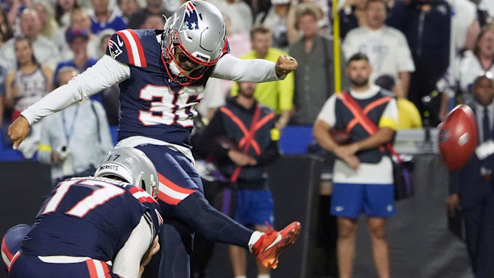 Oct 5, 2025; Orchard Park, New York, USA; New England Patriots kicker Andy Borregales (36) kicks a field goal against the Buffalo Bills during the first half at Highmark Stadium.