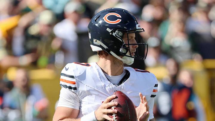 Oct 11, 2026; Green Bay, Wisconsin, USA;  Chicago Bears quarterback Tyson Bagent (17) looks to pass the ball against the Green Bay Packers during the second quarter at Lambeau Field.  Mandatory Credit: Mike Dinovo-Imagn Images