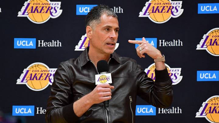 Feb 4, 2025; El Segundo, CA, USA; Los Angeles Lakers vice president of basketball operations and general manager Rob Pelinka introduced guard Luka Doncic at UCLA Health Training Center. Mandatory Credit: Gary A. Vasquez-Imagn Images Feb 4, 2025; El Segundo, CA, USA; Los Angeles Lakers vice president of basketball operations and general manager Rob Pelinka introduced guard Luka Doncic at UCLA Health Training Center. Mandatory Credit: Gary A. Vasquez-Imagn Images