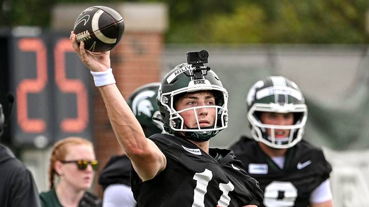 Michigan State quarterback Alessio Milivojevic during football practice on Thursday, Aug. 6, 2026, in East Lansing. Michigan State quarterback Alessio Milivojevic during football practice on Thursday, Aug. 6, 2026, in East Lansing.