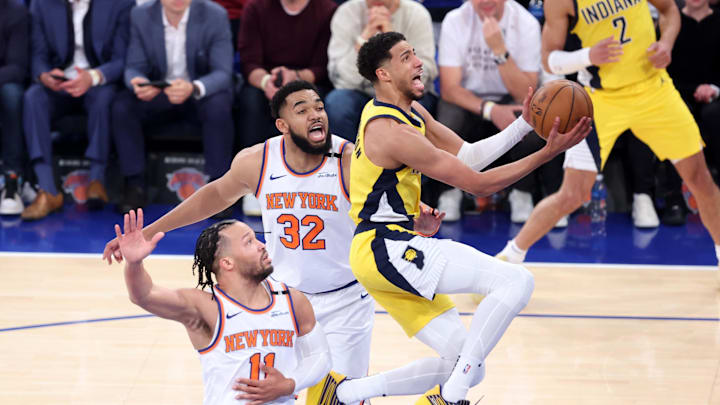 Haliburton (right) dropped 31 points in the Pacers’ Game 1 win.