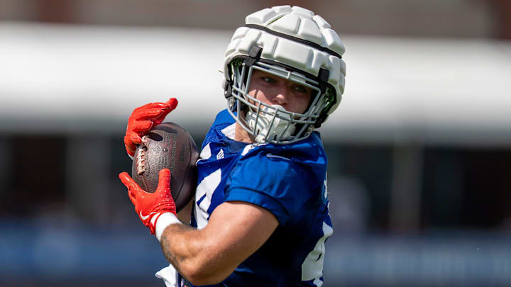 New York Giants running back Cam Skattebo (44) makes a catch during day one of the New York Giants training camp at Quest Diagnostics Giants Training Center in East Rutherford on Wednesday, July 23, 2025.