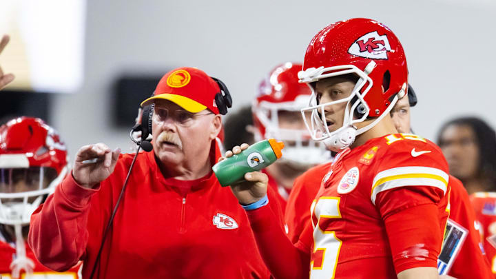 Feb 11, 2024; Paradise, Nevada, USA; Kansas City Chiefs head coach Andy Reid with quarterback Patrick Mahomes (15) against the San Francisco 49ers during Super Bowl LVIII at Allegiant Stadium. Mandatory Credit: Mark J. Rebilas-Imagn Images
