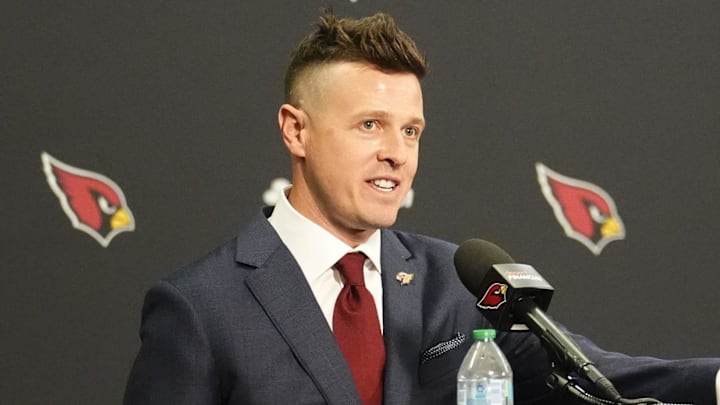 Arizona Cardinals new head coach Mike LaFleur at a news conference on Feb. 3, 2026, at Arizona Cardinals training center in Tempe.