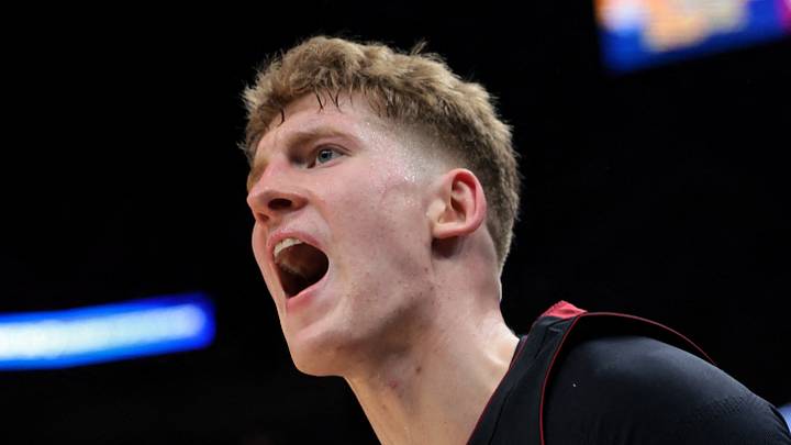 Miami Heat guard Kasparas Jakucionis (25) reacts against the Milwaukee Bucks during the third quarter at Kaseya Center on March 12, 2026.