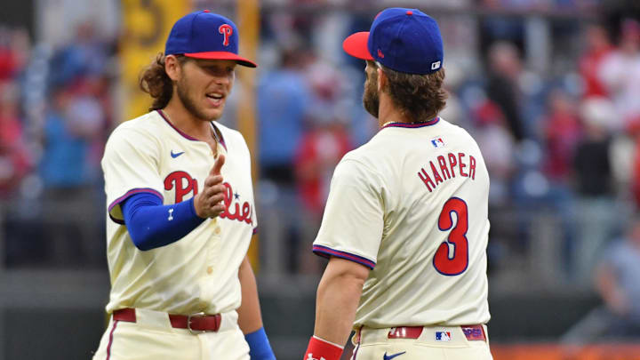 Philadelphia Phillies third baseman Alec Bohm and first baseman Bryce Harper