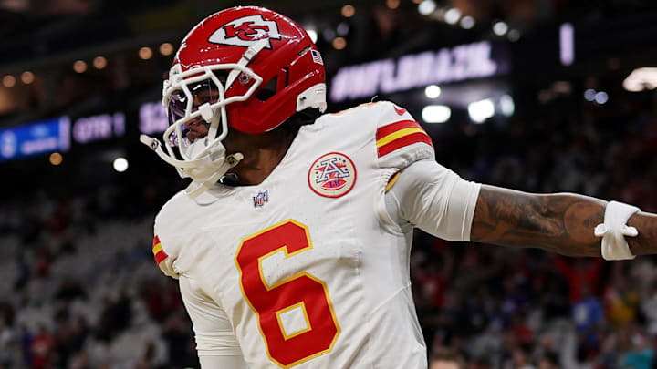 [US, Mexico & Canada customers only] Sep 5, 2025; Sao Paulo, BRAZIL; Kansas City Chiefs safety Bryan Cook (6) walks onto the field before a NFL game against the Los Angeles Chargers at Corinthians Arena. Mandatory Credit: Amanda Perobelli/Reuters via Imagn Images