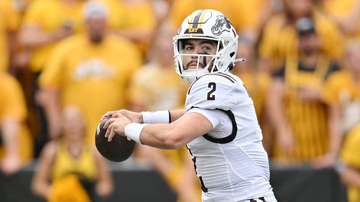 Sep 16, 2023; Iowa City, Iowa, USA; Western Michigan Broncos quarterback Treyson Bourguet (2) throws a pass against the Iowa Hawkeyes during the first quarter at Kinnick Stadium. Mandatory Credit: Jeffrey Becker-USA TODAY Sports