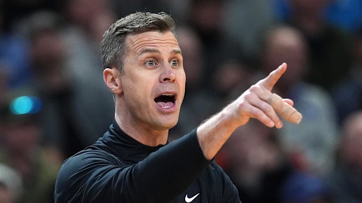 Mar 19, 2026; Greenville, SC, USA; Duke Blue Devils head coach Jon Scheyer reacts in the first half during a first round game of the men's 2026 NCAA Tournament at Bon Secours Wellness Arena. Mandatory Credit: Jim Dedmon-Imagn Images
