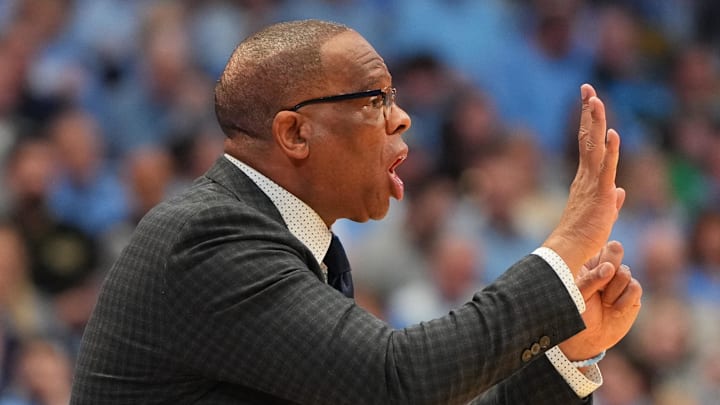 Jan 21, 2026; Chapel Hill, North Carolina, USA; North Carolina Tar Heels head coach Hubert Davis reacts in the second half at Dean E. Smith Center. Mandatory Credit: Bob Donnan-Imagn Images