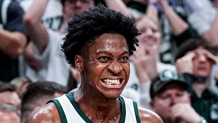Michigan State forward Cameron Ward (3) reacts to a play against Indiana from the bench during the second half at Breslin Center in East Lansing on Tuesday, Jan. 13, 2026.