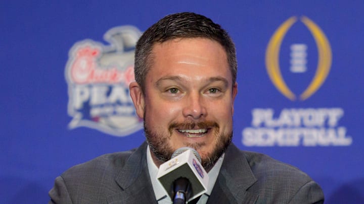 Oregon head coach Dan Lanning speaks during the head coaches’ press conference ahead of the Peach Bowl at the College Football Hall of Fame in Atlanta, Georgia, on Jan. 8, 2026.