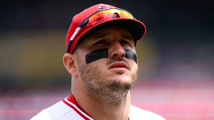May 3, 2026; Anaheim, California, USA; Los Angeles Angels center fielder Mike Trout (27) looks on during the first inning against the New York Mets at Angel Stadium. Mandatory Credit: William Liang-Imagn Images