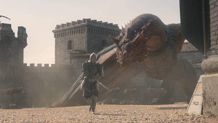 Matt Smith (Daemon Targaryen) and Caraxes in House of the Dragon season 3. Matt Smith (Daemon Targaryen) and Caraxes in House of the Dragon season 3.