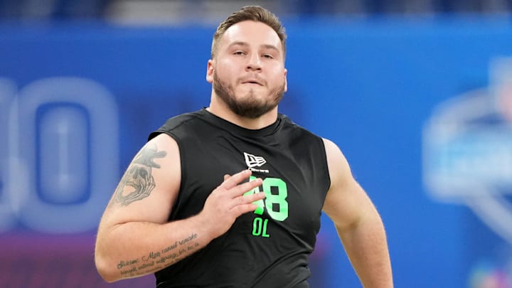 Mar 1, 2026; Indianapolis, IN, USA; Iowa offensive lineman Beau Stephens (OL48) during the NFL Scouting Combine at Lucas Oil Stadium.