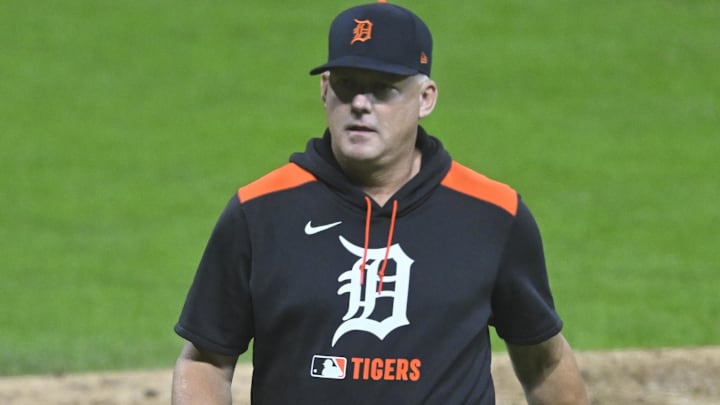 Detroit Tigers manager A.J. Hinch (14) walks on the field in the eighth inning against the Cleveland Guardians at Progressive Field. 