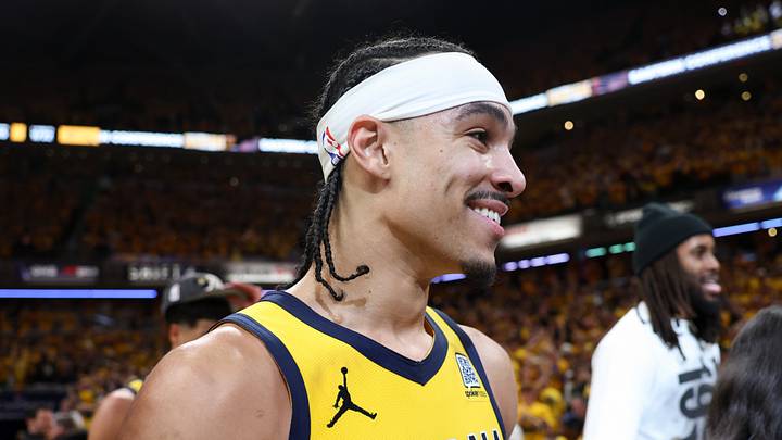 May 31, 2025; Indianapolis, Indiana, USA; Indiana Pacers guard Andrew Nembhard (2) reacts after game six of the eastern conference finals against the New York Knicks for the 2025 NBA Playoffs at Gainbridge Fieldhouse. Mandatory Credit: Trevor Ruszkowski-Imagn Images