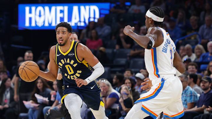 Oct 13, 2026; Oklahoma City, Oklahoma, USA; Indiana Pacers guard Tyrese Haliburton (0) drives past Oklahoma City Thunder guard Shai Gilgeous-Alexander (2) during the second quarter at Paycom Center. Mandatory Credit: Alonzo Adams-Imagn Images