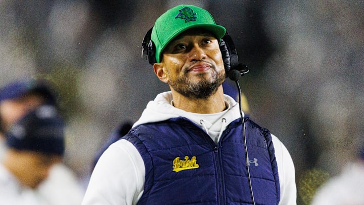 Notre Dame head coach Marcus Freeman looks on during the first half of a NCAA football game against Navy at Notre Dame Stadium on Saturday, Nov. 8, 2025, in South Bend.