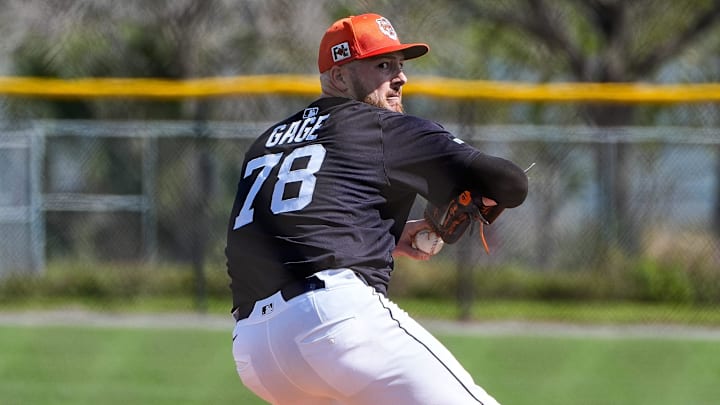 Detroit Tigers pitcher Matt Gage throws live batting practice during spring training at TigerTown in Lakeland, Fla. on Tuesday, Feb. 18, 2025.