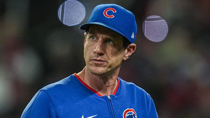 Sep 10, 2025; Cumberland, Georgia, USA; Chicago Cubs manager Craig Counsell (11) on the field against the Atlanta Braves during the fifth inning at Truist Park. 