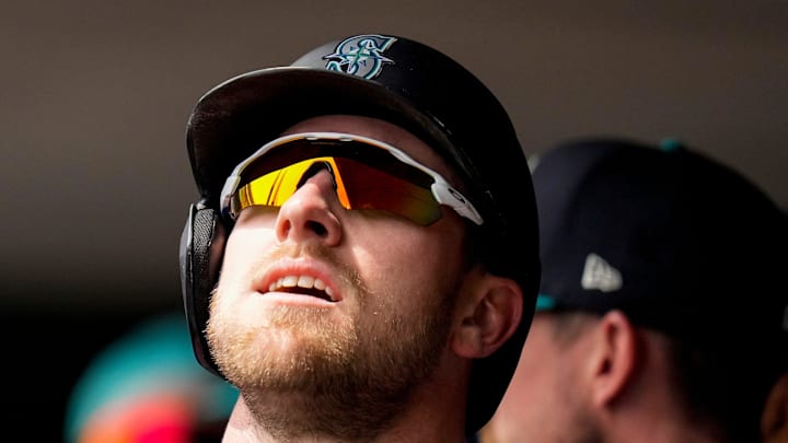 Seattle Mariners outfielder Luke Raley (20) celebrates a two-run home run in the fourth inning of the MLB Interleague game between the Cincinnati Reds and the Seattle Mariners at Great American Ball Park in downtown Cincinnati on Thursday, April 17, 2025. The Mariners beat the Reds, 11-7, in 10 innings.