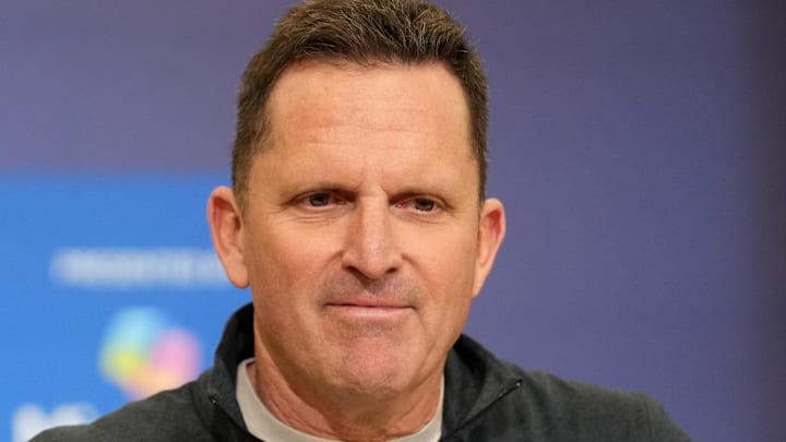 Feb 24, 2026; Indianapolis, IN, USA; Denver Broncos general manager George Paton speaks at the NFL Scouting Combine at the Indiana Convention Center. Mandatory Credit: Kirby Lee-Imagn Images