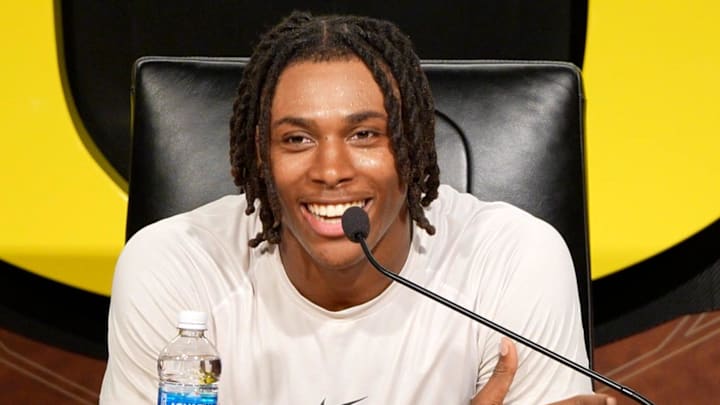 Oregon tight end Jamari Johnson speaks during a media availability on Aug. 5, 2025, in Eugene, Oregon.  