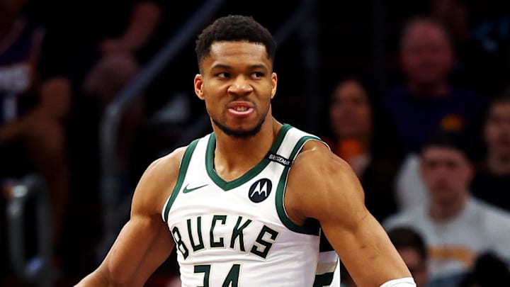 Milwaukee Bucks forward Giannis Antetokounmpo (34) reacts after a play during the second quarter against the Phoenix Suns at Footprint Center on March 24, 2025. Milwaukee Bucks forward Giannis Antetokounmpo (34) reacts after a play during the second quarter against the Phoenix Suns at Footprint Center on March 24, 2025.