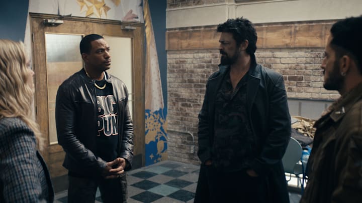 Erin Moriarty (Annie January aka Starlight), Laz Alonso (Mother's Milk), Karl Urban (Billy Butcher), Tomer Capone (Frenchie) in The Boys season 4 - Credit: Prime Video
