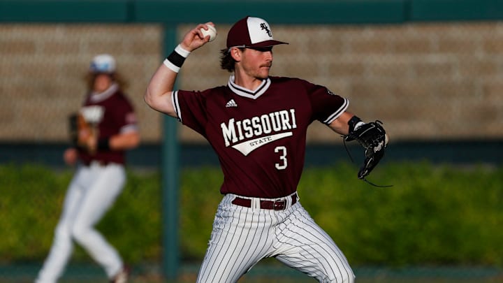 Missouri State second baseman Nick Rodriguez makes a throw to first as the Bears took on the Mizzou Tigers at Hammons Field on Tuesday, April 22, 2025.