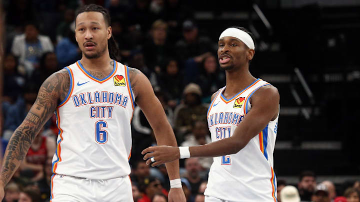Mar 5, 2025; Memphis, Tennessee, USA; Oklahoma City Thunder forward Jaylin Williams (6) and guard Shai Gilgeous-Alexander (2) walk to the bench during a time out during the second quarter against the Memphis Grizzlies at FedExForum. Mandatory Credit: Petre Thomas-Imagn Images