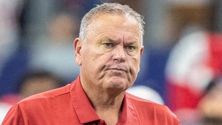 Arkansas Razorbacks coach Sam Pittman on the sidelines against the Texas A&M Aggies at AT&T Stadium in Arlington, Texas.