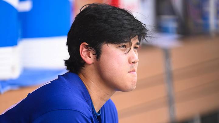 May 17, 2026; Anaheim, California, USA; Los Angeles Dodgers designated hitter Shohei Ohtani (17) looks on during the sixth inning against the Los Angeles Angels at Angel Stadium. Mandatory Credit: William Liang-Imagn Images