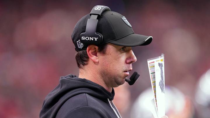 Oct 4, 2026; Paradise, Nevada, USA;  Las Vegas Raiders head coach Klint Kubiak watches gameplay against the Kansas City Chiefs during the third quarter at Allegiant Stadium.  Mandatory Credit: Joe Camporeale-Imagn Images