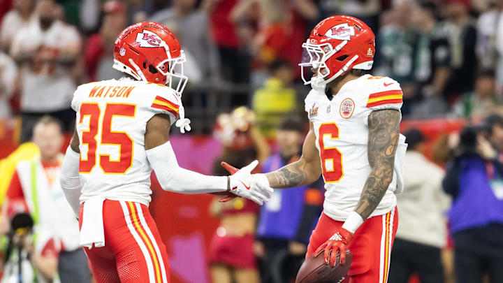 Feb 9, 2025; New Orleans, LA, USA;  Kansas City Chiefs safety Bryan Cook (6) celebrates with teammate Jaylen Watson (35) after an interception against the Philadelphia Eagles in the second quarter in Super Bowl LIX at Ceasars Superdome. Mandatory Credit: Mark J. Rebilas-Imagn Images