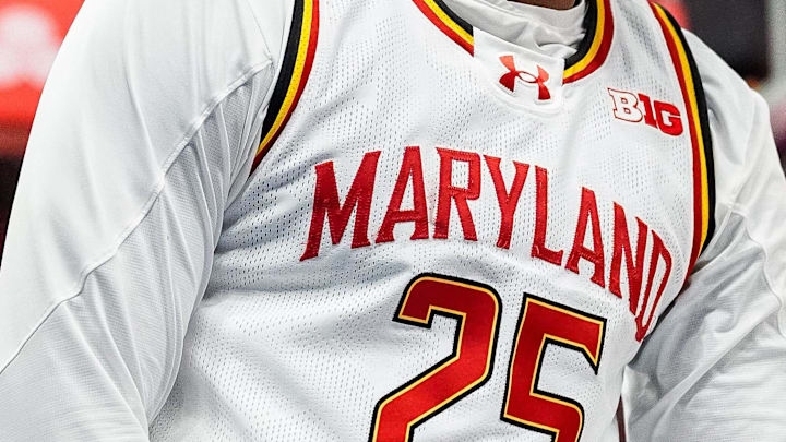 Maryland center Derik Queen (25) celebrates a play against Michigan during the second half of Big Ten Tournament semifinal at Gainbridge Fieldhouse in Indianapolis, Ind. on Saturday, March 15, 2025.