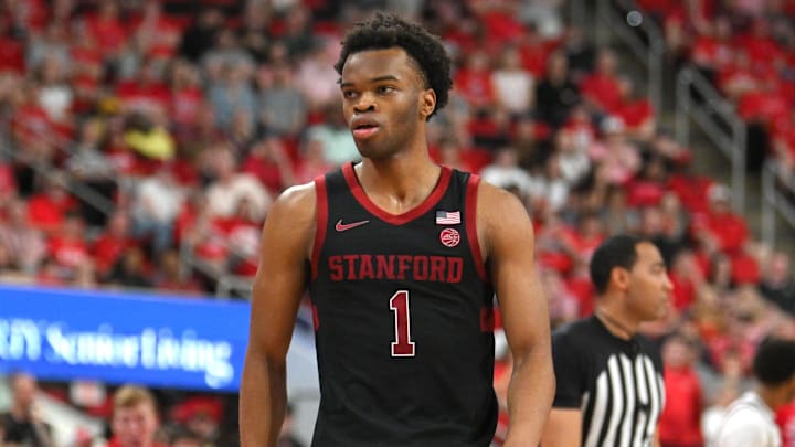 Mar 7, 2026; Raleigh, North Carolina, USA;  Stanford Cardinal guard Ebuka Okorie (1) reacts after scoring against the NC State Wolfpack during the first half at Lenovo Center. Mandatory Credit: Zachary Taft-Imagn Images
