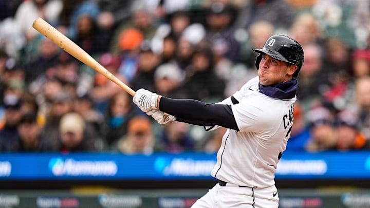 Detroit Tigers right fielder Kerry Carpenter (30) bats against Chicago White Sox during the eighth inning at Comerica Park in Detroit on Saturday, April 5, 2025.