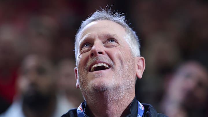 Apr 2, 2026; Portland, Oregon, USA; Portland Trail Blazers owner Tom Dundon is introduced during the first half during a game between the Portland Trail Blazers and the New Orleans Pelicans at Moda Center. Mandatory Credit: Troy Wayrynen-Imagn Images